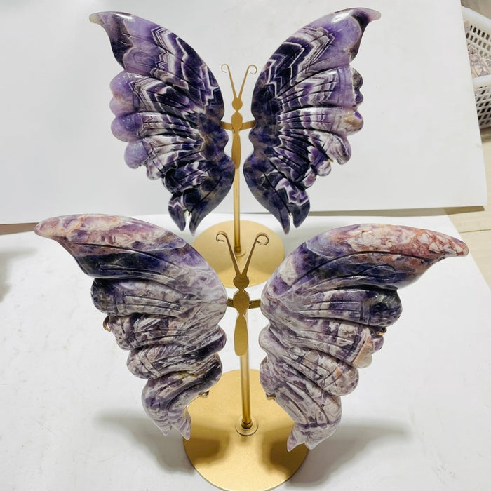 4 Pairs High Quality Large Chevron Amethyst Butterfly Carving With Stand