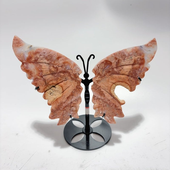 4 Pairs Natural Pink Agate Butterfly Wing Crystal Carving With Stand
