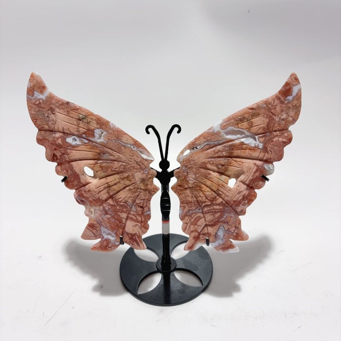 4 Pairs Natural Pink Agate Butterfly Wing Crystal Carving With Stand