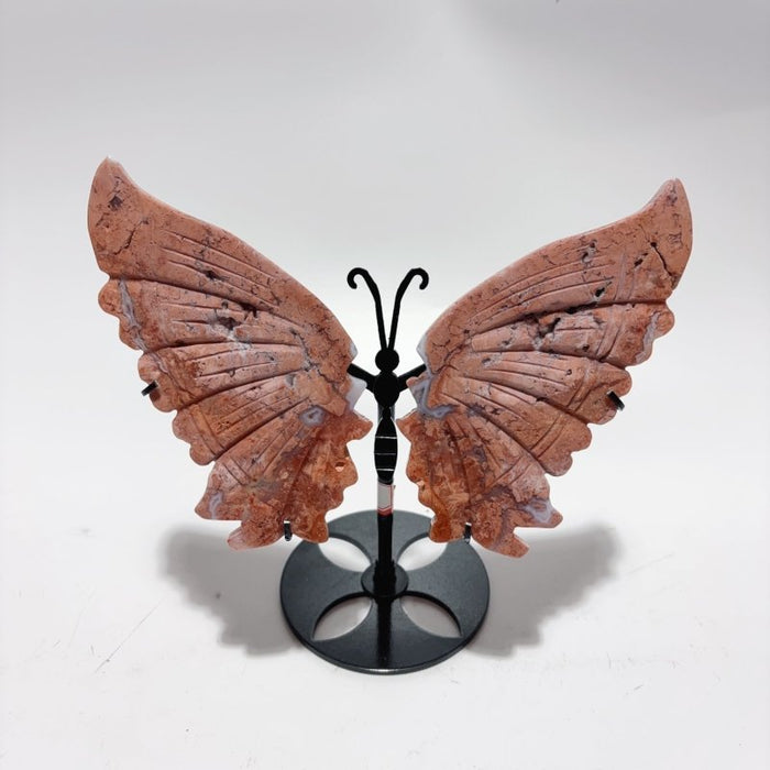 4 Pairs Natural Pink Agate Butterfly Wing Crystal Carving With Stand