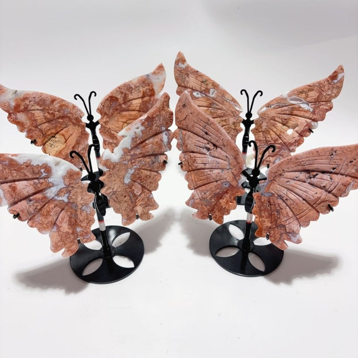 4 Pairs Natural Pink Agate Butterfly Wing Crystal Carving With Stand