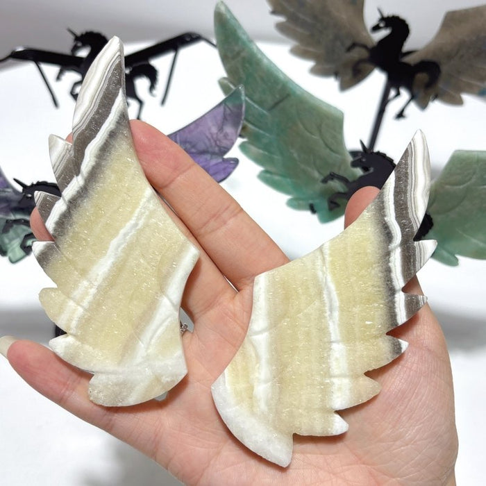 4 Pairs Pegasus Wing Crystal Carving With Stand Trolleite Amazonite Yellow Calcite Fluorite