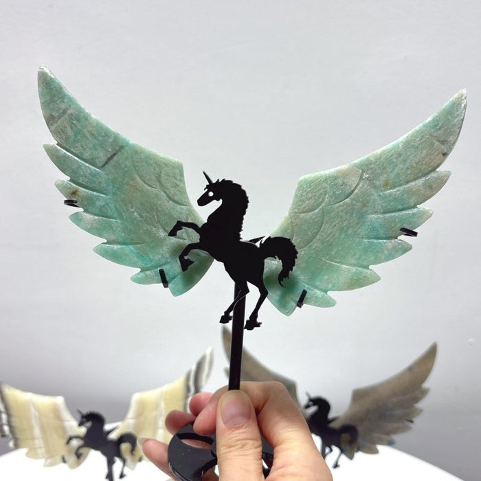 4 Pairs Pegasus Wing Crystal Carving With Stand Trolleite Amazonite Yellow Calcite Fluorite