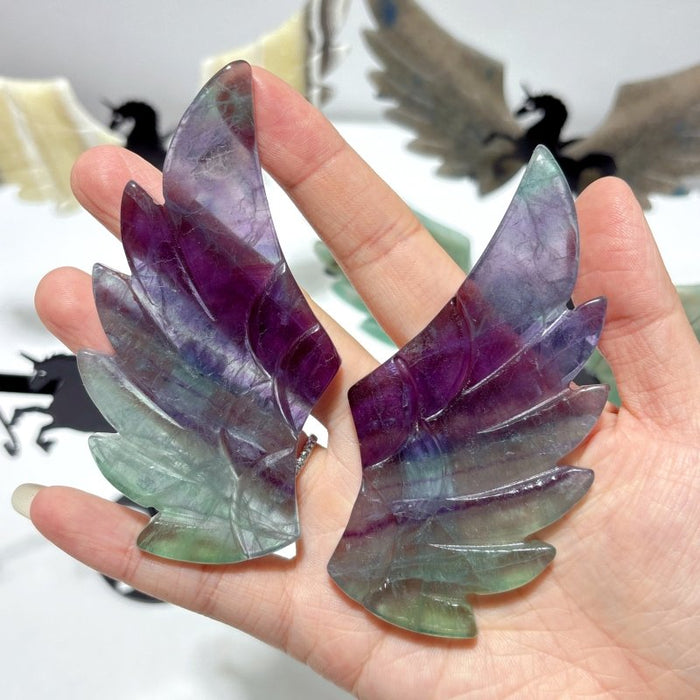4 Pairs Pegasus Wing Crystal Carving With Stand Trolleite Amazonite Yellow Calcite Fluorite