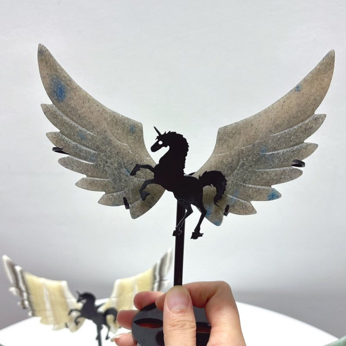 4 Pairs Pegasus Wing Crystal Carving With Stand Trolleite Amazonite Yellow Calcite Fluorite