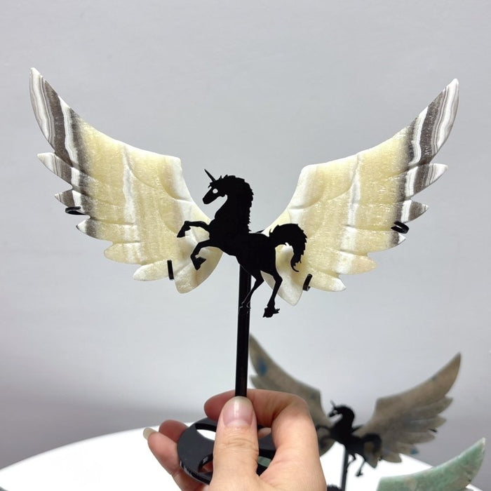 4 Pairs Pegasus Wing Crystal Carving With Stand Trolleite Amazonite Yellow Calcite Fluorite