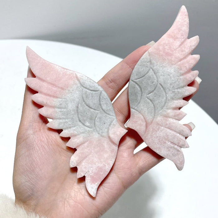 4 Pairs Pink Opal Angel Wing Carving With Stand