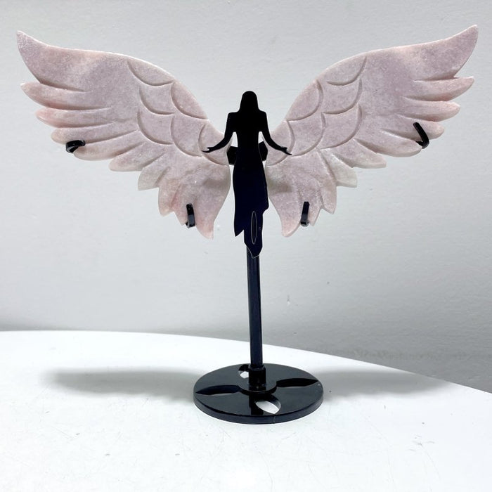 4 Pairs Pink Opal Angel Wing Carving With Stand