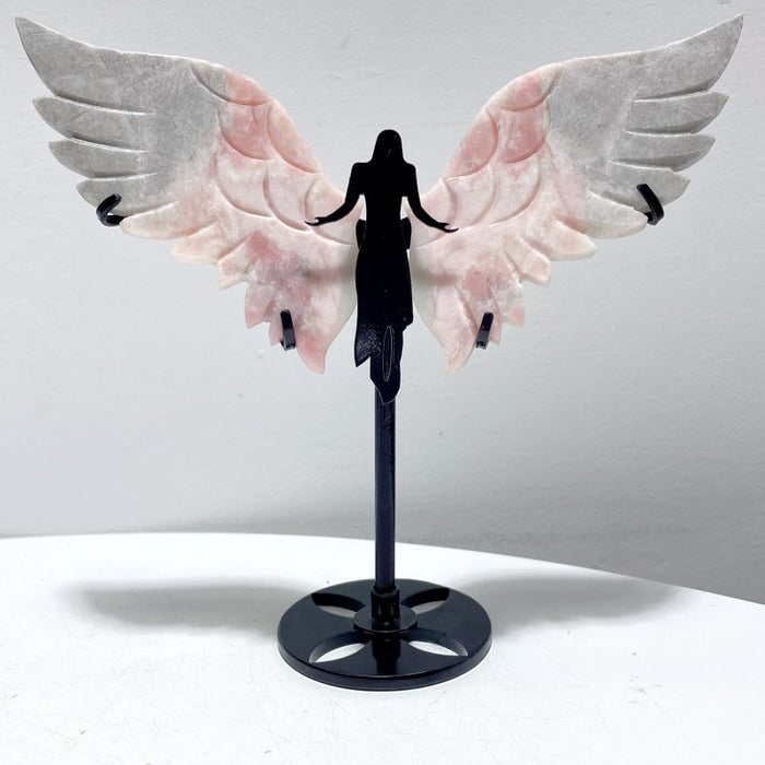 4 Pairs Pink Opal Angel Wing Carving With Stand