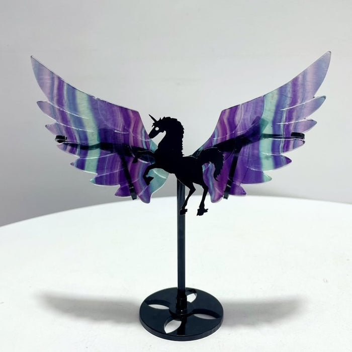 4 Pairs Rainbow Fluorite Pegasus Wing Crystal Carving With Stand