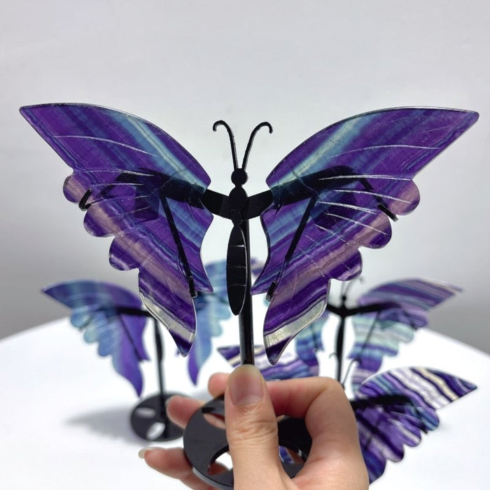4 Pairs Rainbow Fluorite Symmetry Small Butterfly Wing With Stand