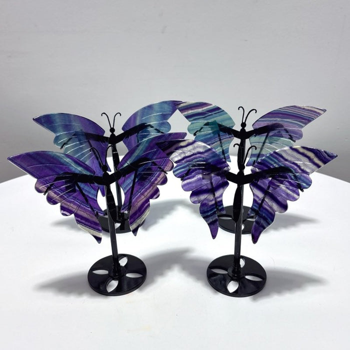 4 Pairs Rainbow Fluorite Symmetry Small Butterfly Wing With Stand