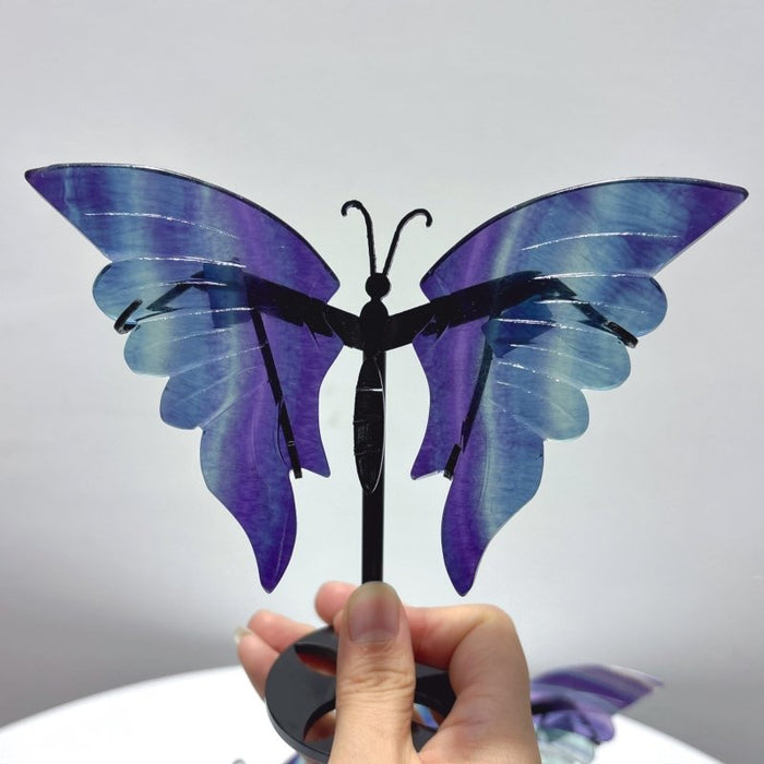 4 Pairs Rainbow Fluorite Symmetry Small Butterfly Wing With Stand