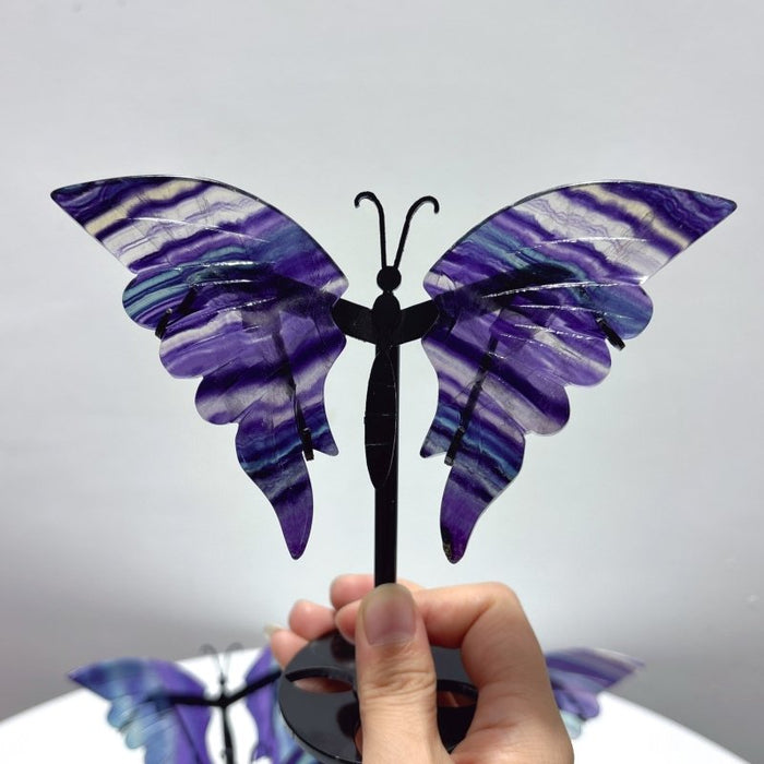 4 Pairs Rainbow Fluorite Symmetry Small Butterfly Wing With Stand