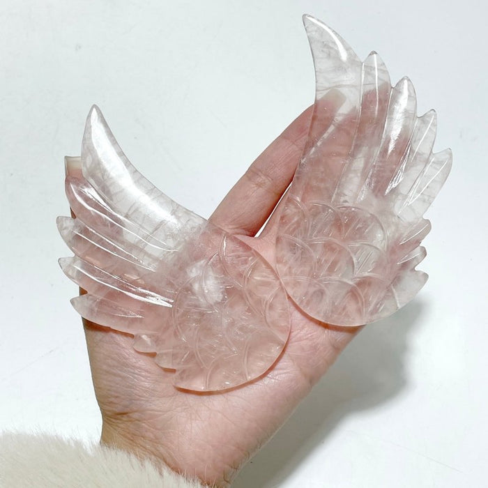 4 Pairs Rose Quartz Angel Wing Carving With Stand