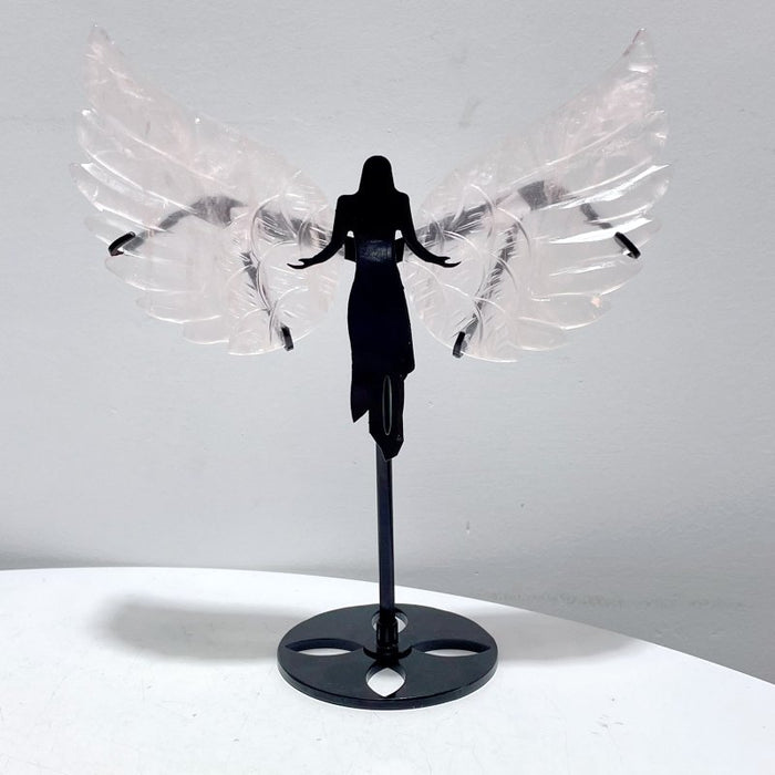 4 Pairs Rose Quartz Angel Wing Carving With Stand