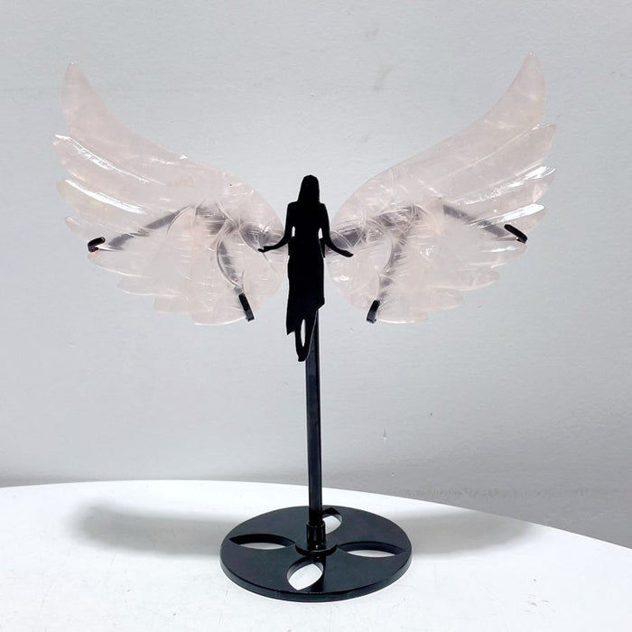 4 Pairs Rose Quartz Angel Wing Carving With Stand