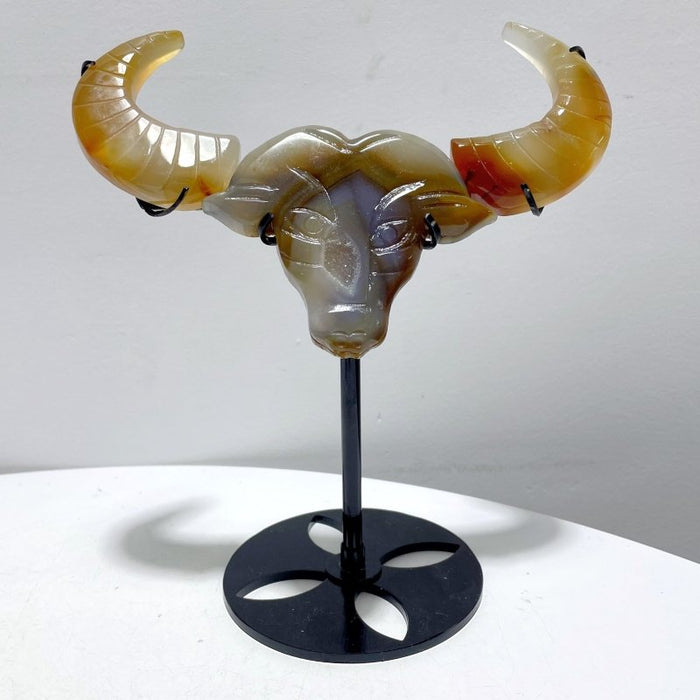 4 Pieces Beautiful Geode Druzy Agate Ox Head Crystal Carving With Stand