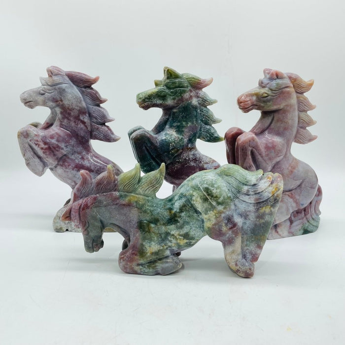 4 Pieces High Quality Ocean Jasper Stand Horse Carving