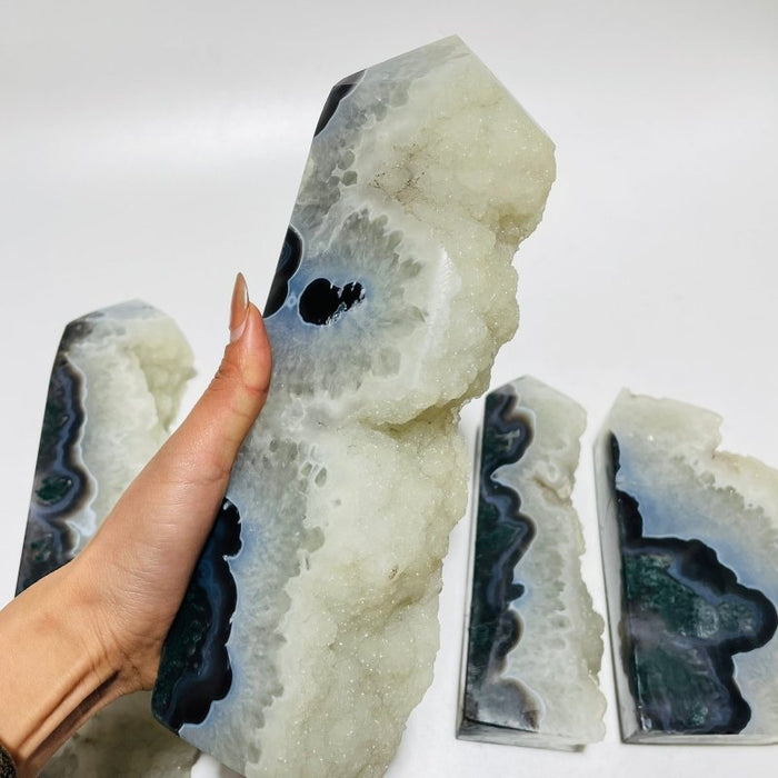 4 Pieces Large Druzy Black Moss Agate Points