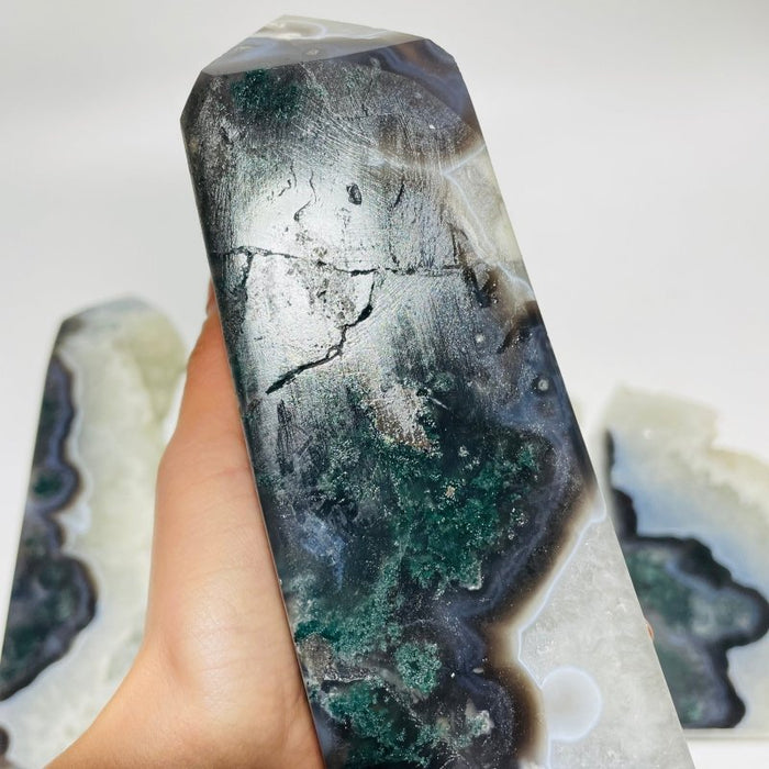 4 Pieces Large Druzy Black Moss Agate Points