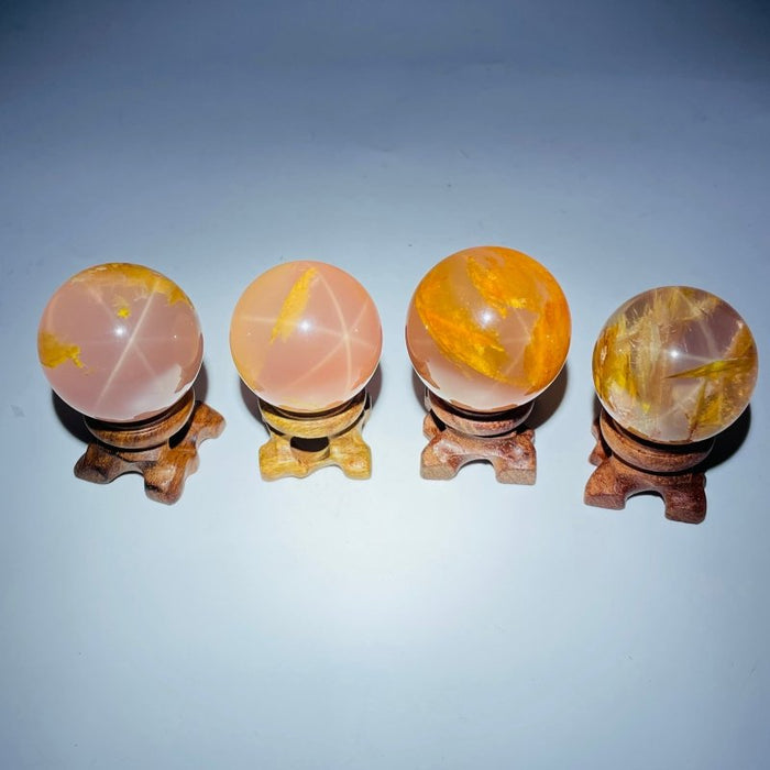 4 Pieces Six Star Line Rose Quartz Rabbit Hair Rutile Spheres
