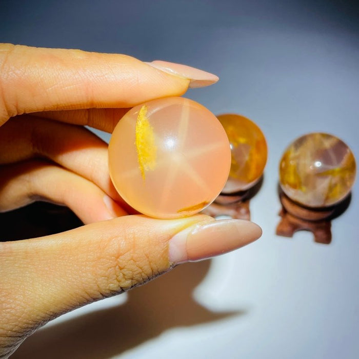 4 Pieces Six Star Line Rose Quartz Rabbit Hair Rutile Spheres