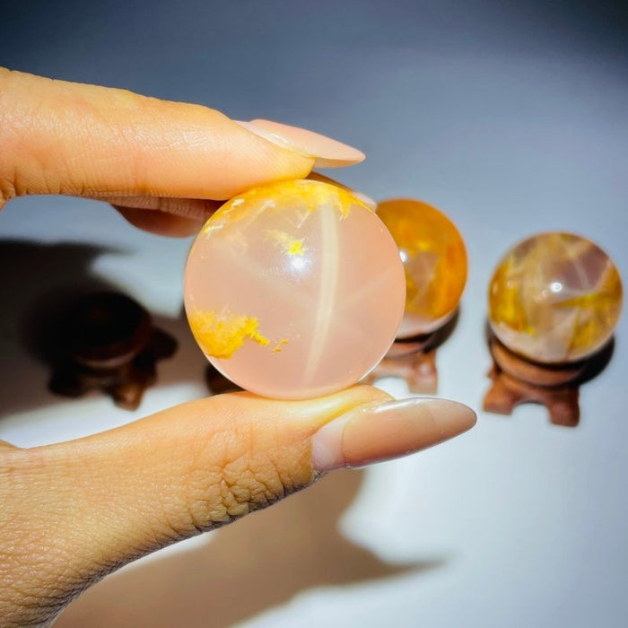 4 Pieces Six Star Line Rose Quartz Rabbit Hair Rutile Spheres