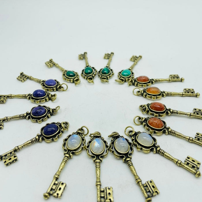 4 Types Gem Key Pendant Wholesale Charoite Sunstone Malachite Moonstone