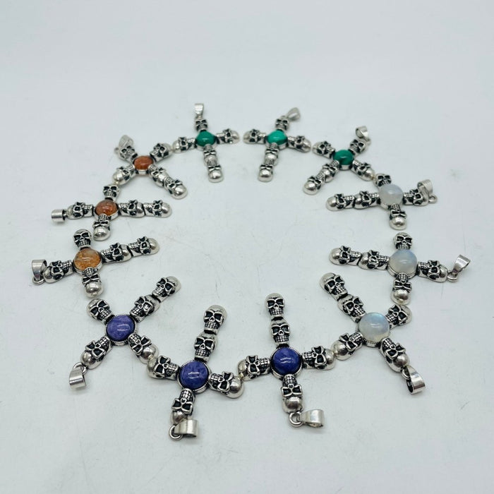 4 Types Skull Cross Pendant Wholesale Charoite Sunstone Malachite Moonstone