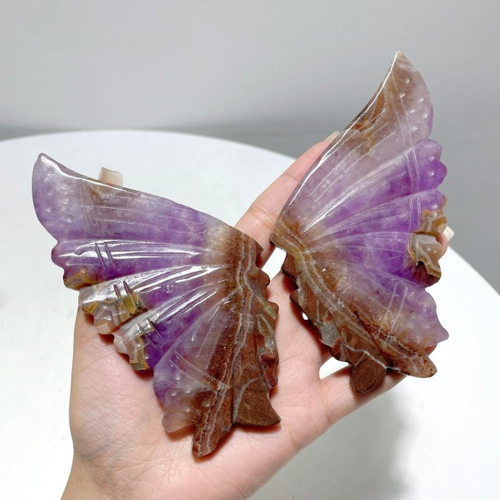 5 Pairs Amethyst Mixed Stripe Agate Butterfly Wing Carving With Stand