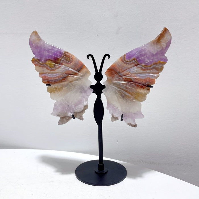 5 Pairs Amethyst Mixed Stripe Agate Butterfly Wing Carving With Stand