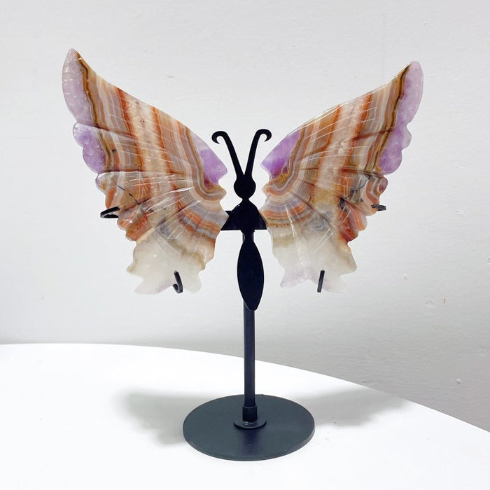 5 Pairs Beautiful Amethyst Mixed Stripe Agate Butterfly Wing Carving With Stand