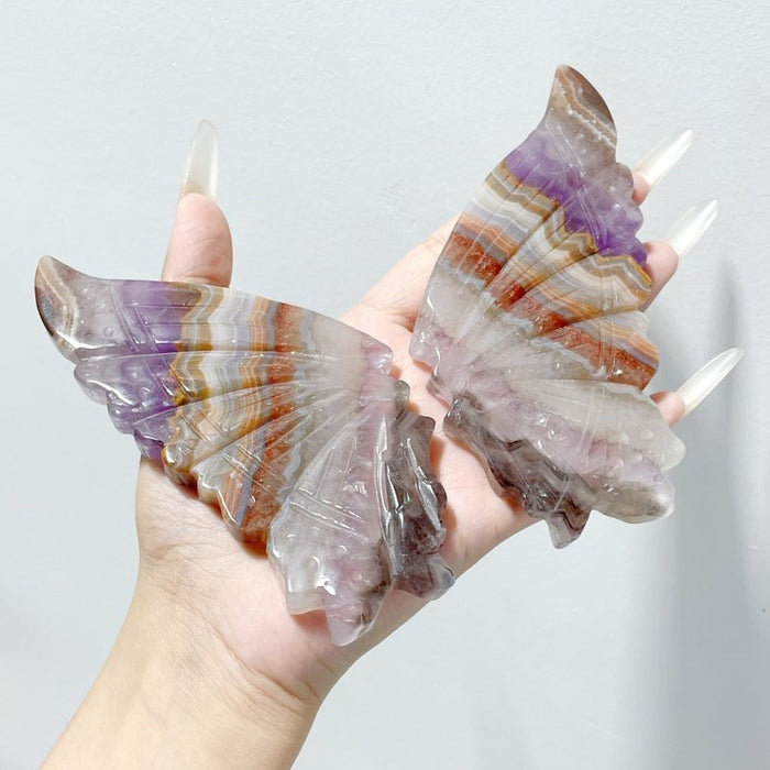 5 Pairs Beautiful Amethyst Mixed Stripe Agate Butterfly Wing Carving With Stand
