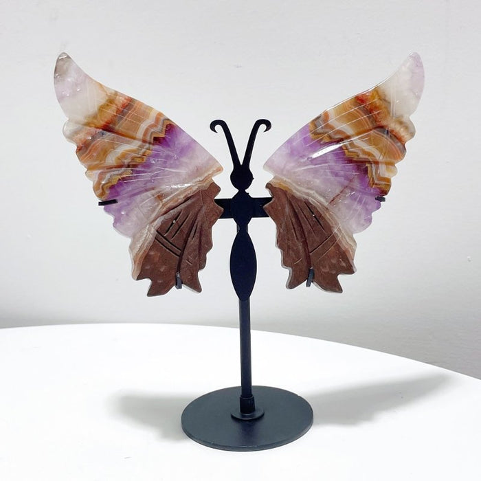 5 Pairs Beautiful Amethyst Mixed Stripe Agate Butterfly Wing Carving With Stand