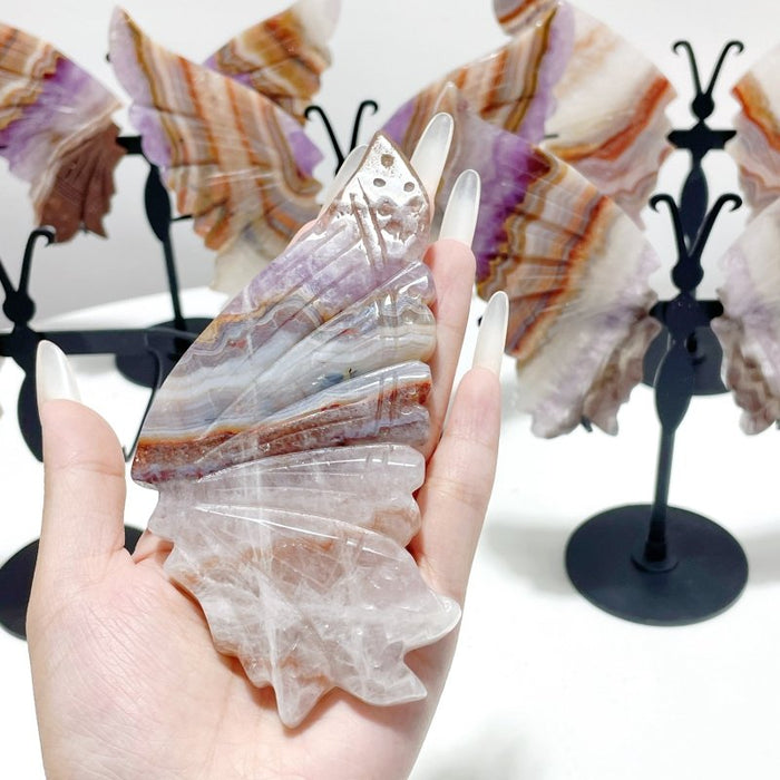 5 Pairs Beautiful Amethyst Mixed Stripe Agate Butterfly Wing Carving With Stand