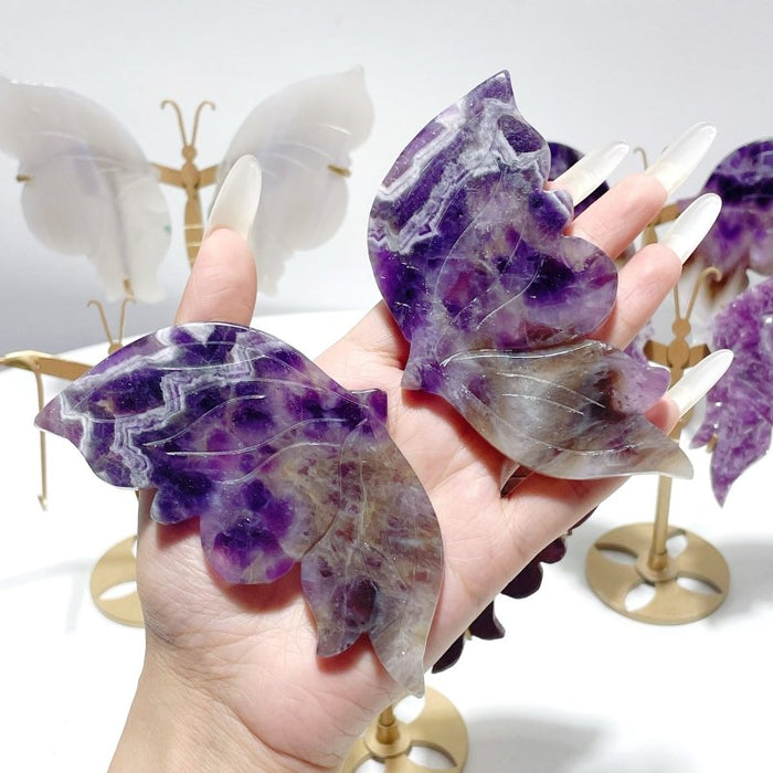 5 Pairs Beautiful Small Butterfly Carving With Stand Lepidolite Chevron Amethyst