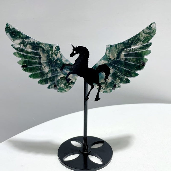 5 Pairs Moss Agate Pegasus Wing Carving With Stand