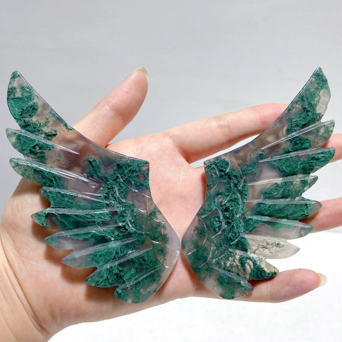 5 Pairs Moss Agate Pegasus Wing Carving With Stand