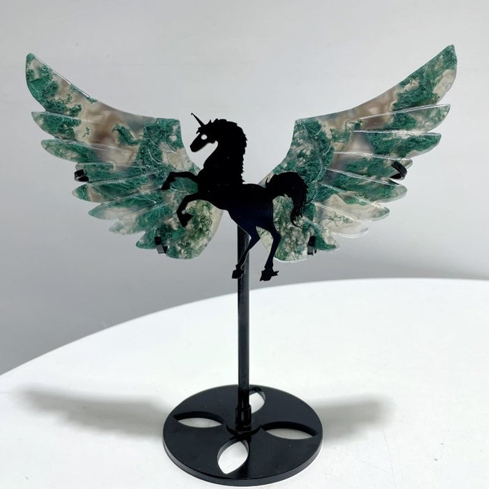5 Pairs Moss Agate Pegasus Wing Carving With Stand