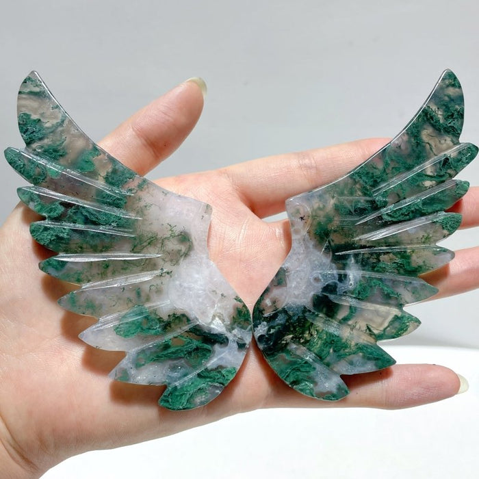 5 Pairs Moss Agate Pegasus Wing Carving With Stand