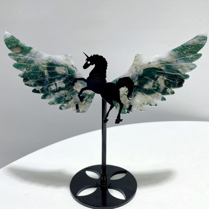 5 Pairs Moss Agate Pegasus Wing Carving With Stand