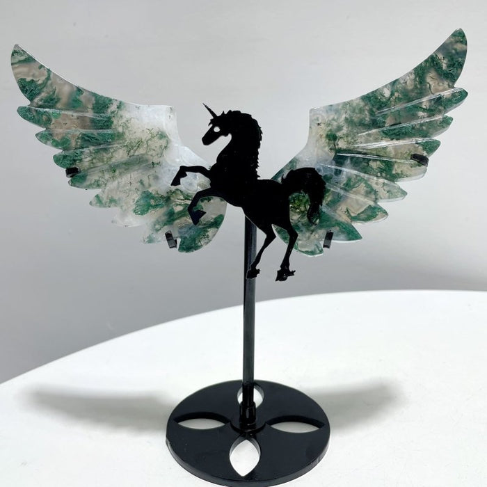 5 Pairs Moss Agate Pegasus Wing Carving With Stand