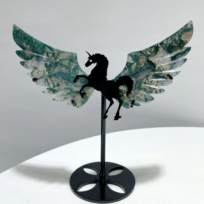 5 Pairs Moss Agate Pegasus Wing Carving With Stand