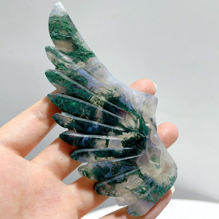 5 Pairs Moss Agate Pegasus Wing Carving With Stand
