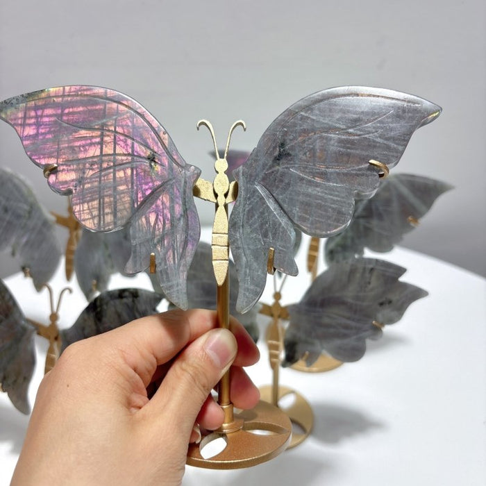 5 Pairs Purple Labradorite Butterfly Wing Carving With Stand