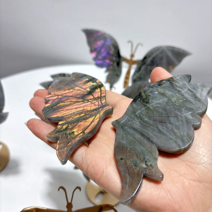 5 Pairs Purple Labradorite Butterfly Wing Carving With Stand