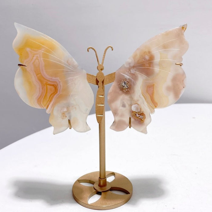 5 Pairs Sakura Flower Agate Butterfly Wing Carving With Stand