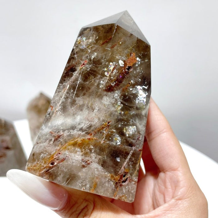 5 Pieces Clear Quartz With Tourmaline Inclusion Polished Tower