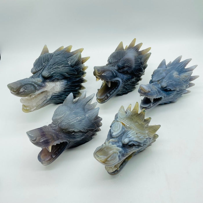 5 Pieces High Quality Geode Agate Wolf Head Carving